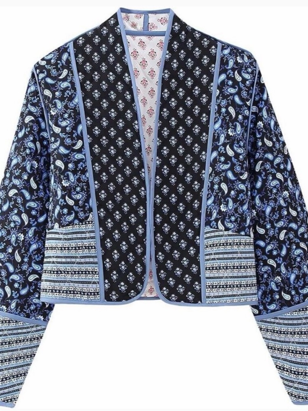 Patchwork Paisley Open Front Jacket in Blue and Black